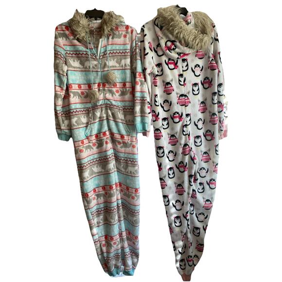 2 Holiday Time Women's Christmas Winter One Piece Fleece Hoodie Pajama Size L - Picture 2 of 5